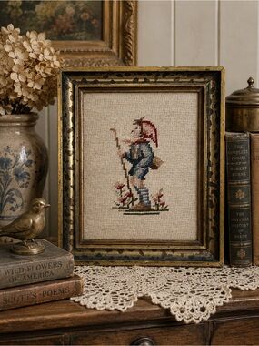 Vintage Framed Needlepoint Boy Hiker Traveler Gold Wood Frame Wall Art